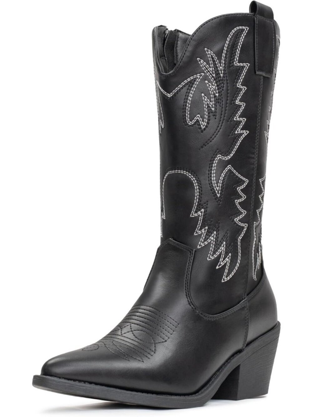 Women's Black Rubber Western Classy Cowgirl Pull On Pointed Toe Mid Calf Boots